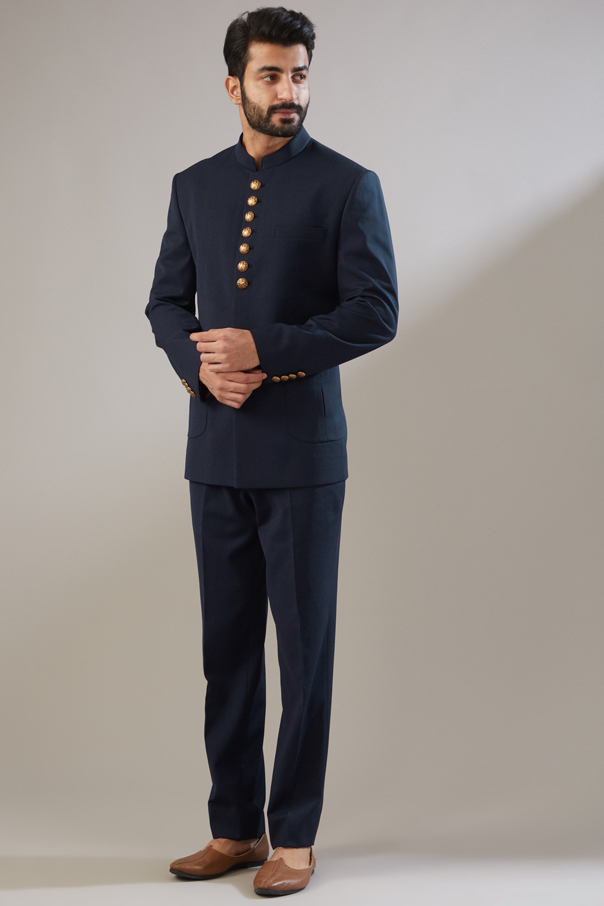 Dark Blue Self Design Bandhgala - Tailorz Clothing