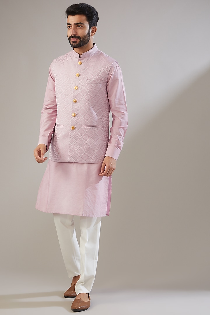 Light Lilac Jacquard Nehru Jacket With Kurta Set by VICUGNA