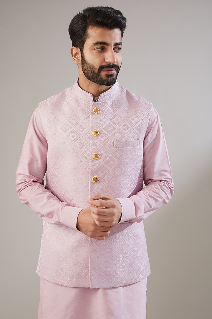 Light Lilac Jacquard Poly Viscose Nehru Jacket Set by VICUGNA at Pernia's Pop Up Shop
