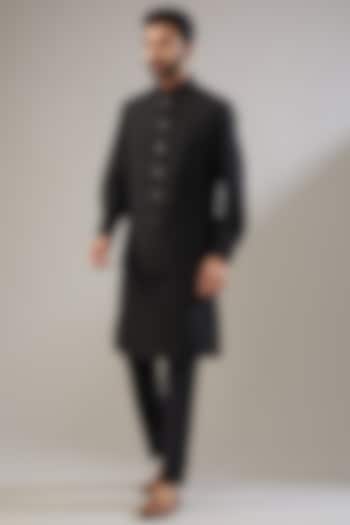 Black Silk Nehru Jacket With Kurta Set by VICUGNA