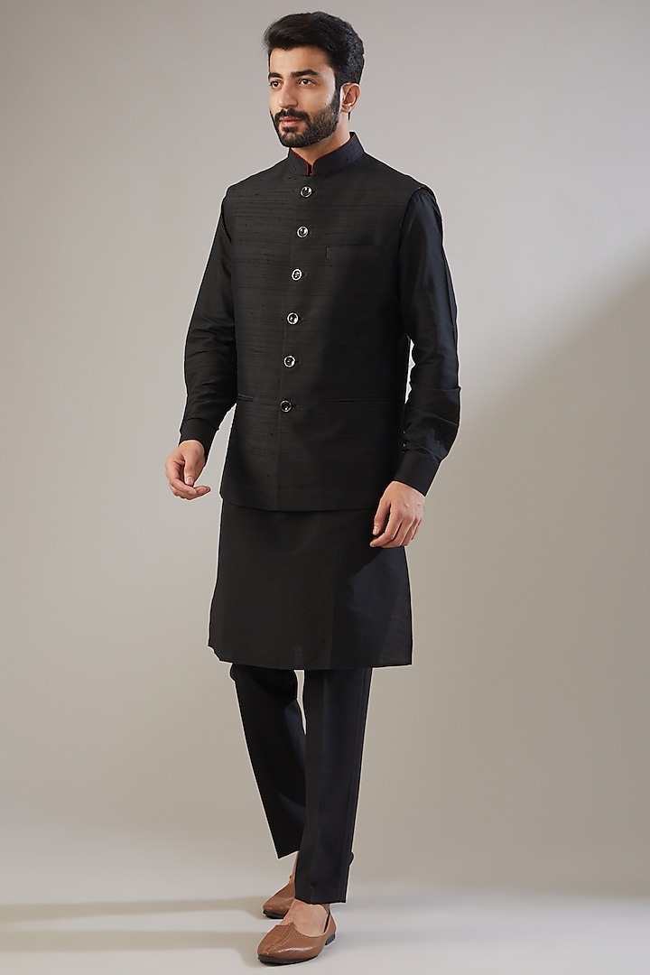 Black Silk Nehru Jacket With Kurta Set by VICUGNA