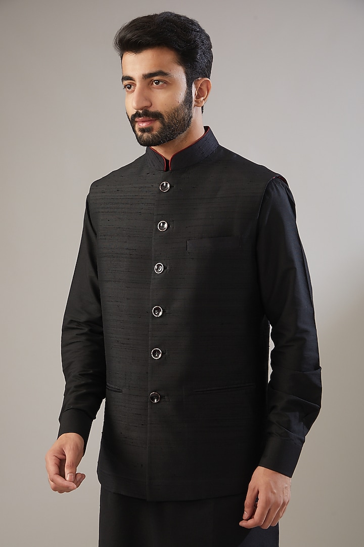 Black Raw Silk Nehru Jacket Set by VICUGNA at Pernia's Pop Up Shop