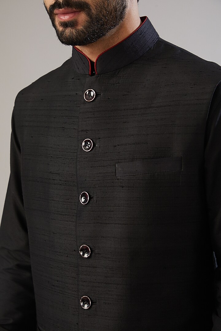 Black Raw Silk Nehru Jacket Set by VICUGNA at Pernia's Pop Up Shop