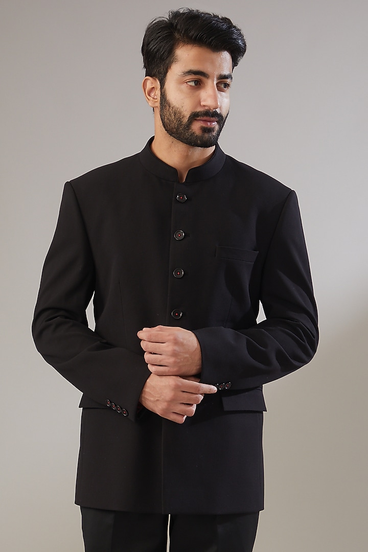 Black Poly Viscose Embroidered Wedding Bandhgala Set by VICUGNA at Pernia's Pop Up Shop