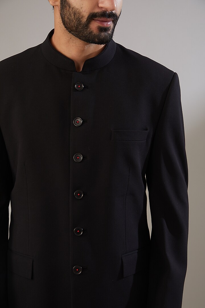 Black Poly Viscose Embroidered Wedding Bandhgala Set by VICUGNA at Pernia's Pop Up Shop