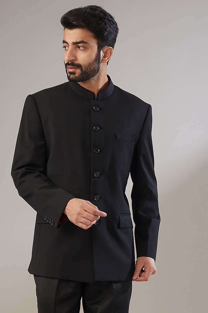 Black Poly Viscose Embroidered Wedding Bandhgala Set by VICUGNA at Pernia's Pop Up Shop