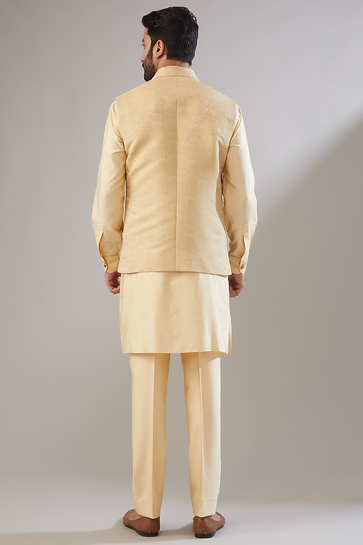 Gold Jacquard Poly Viscose Nehru Jacket Set by VICUGNA at Pernia's Pop Up Shop