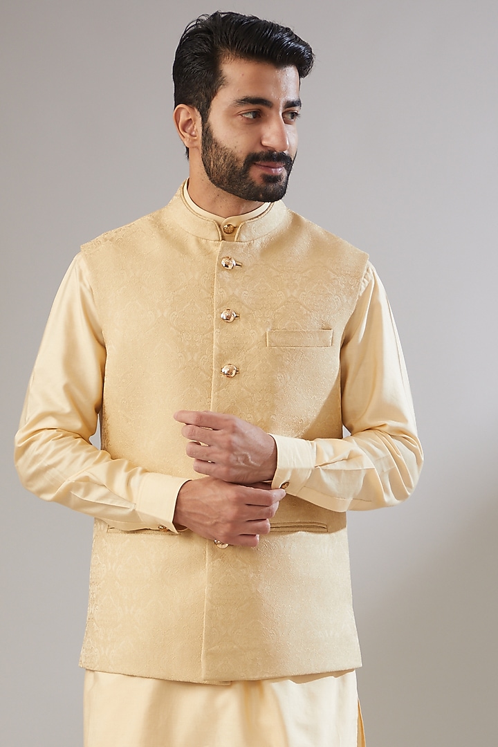 Gold Jacquard Poly Viscose Nehru Jacket Set by VICUGNA at Pernia's Pop Up Shop