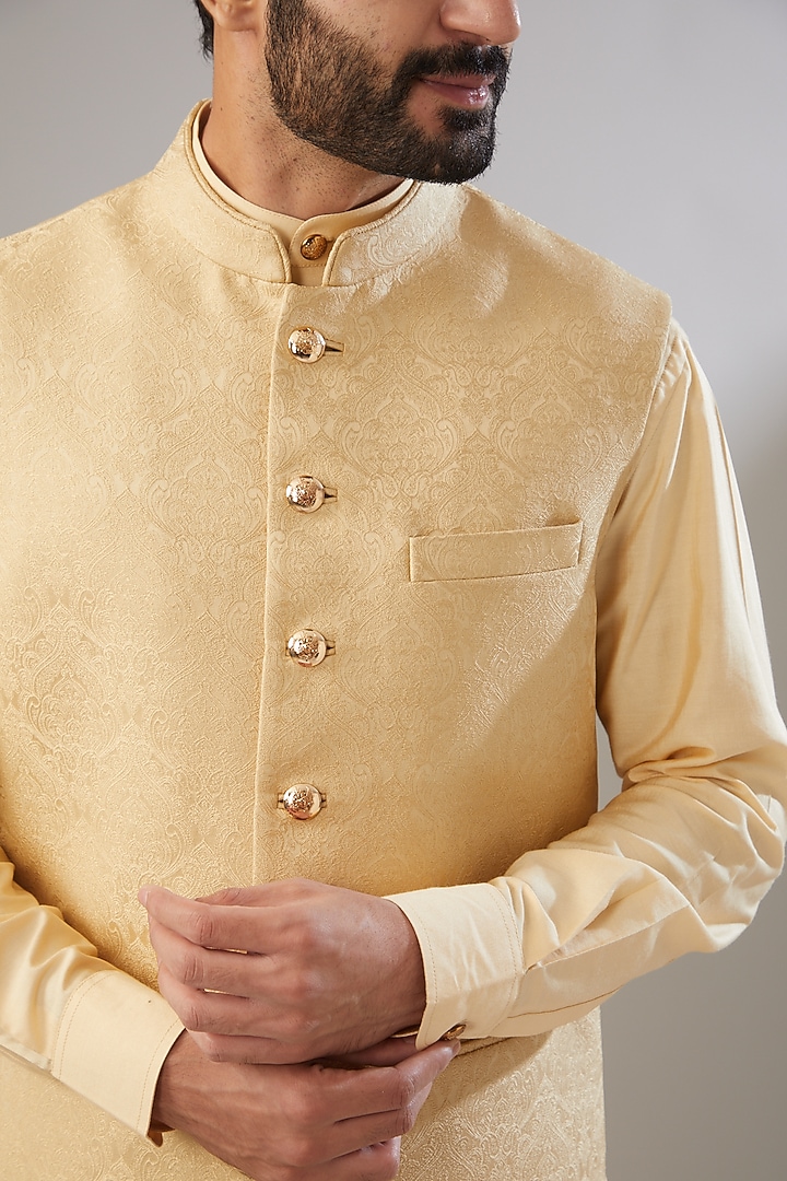 Gold Jacquard Poly Viscose Nehru Jacket Set by VICUGNA at Pernia's Pop Up Shop