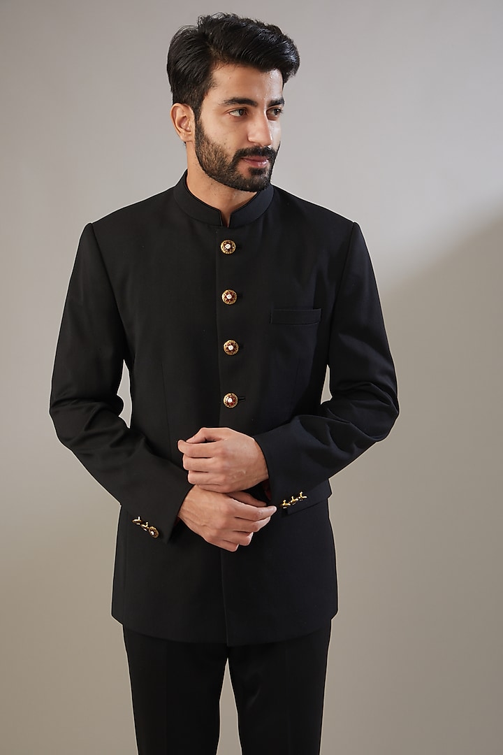 Black Poly Viscose Wedding Bandhgala Set by VICUGNA at Pernia's Pop Up Shop