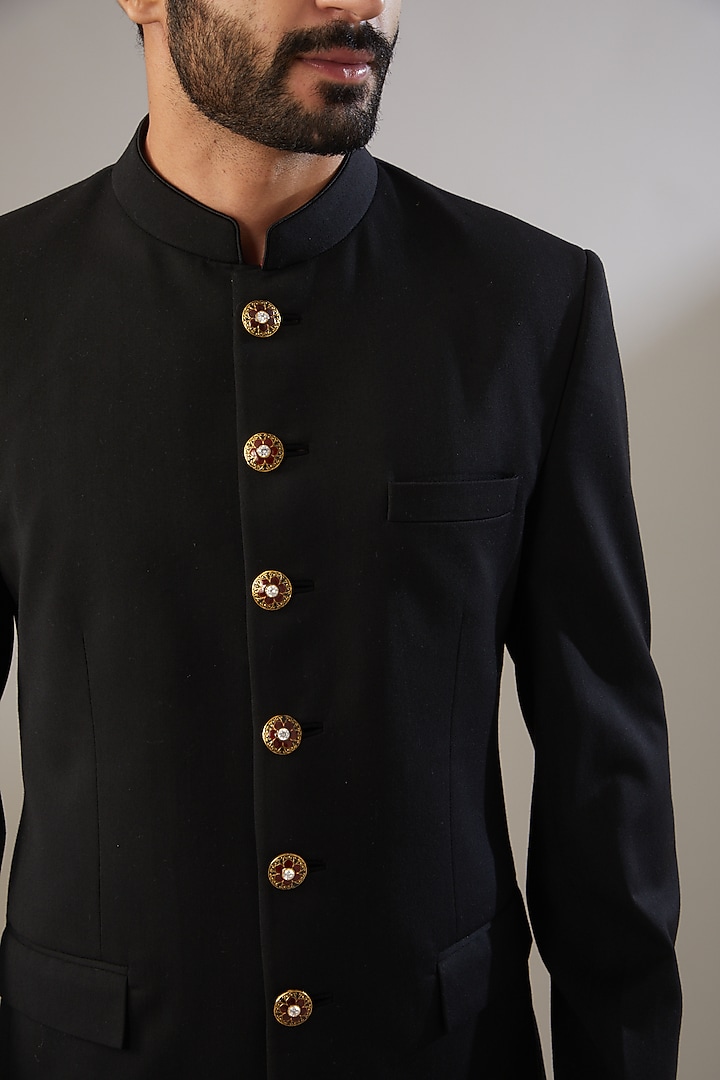 Black Poly Viscose Wedding Bandhgala Set by VICUGNA at Pernia's Pop Up Shop
