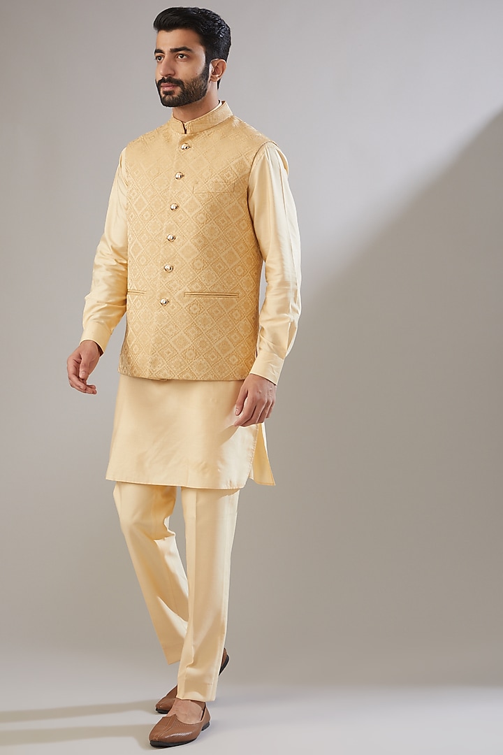 Gold Viscose Nehru Jacket With Kurta Set by VICUGNA