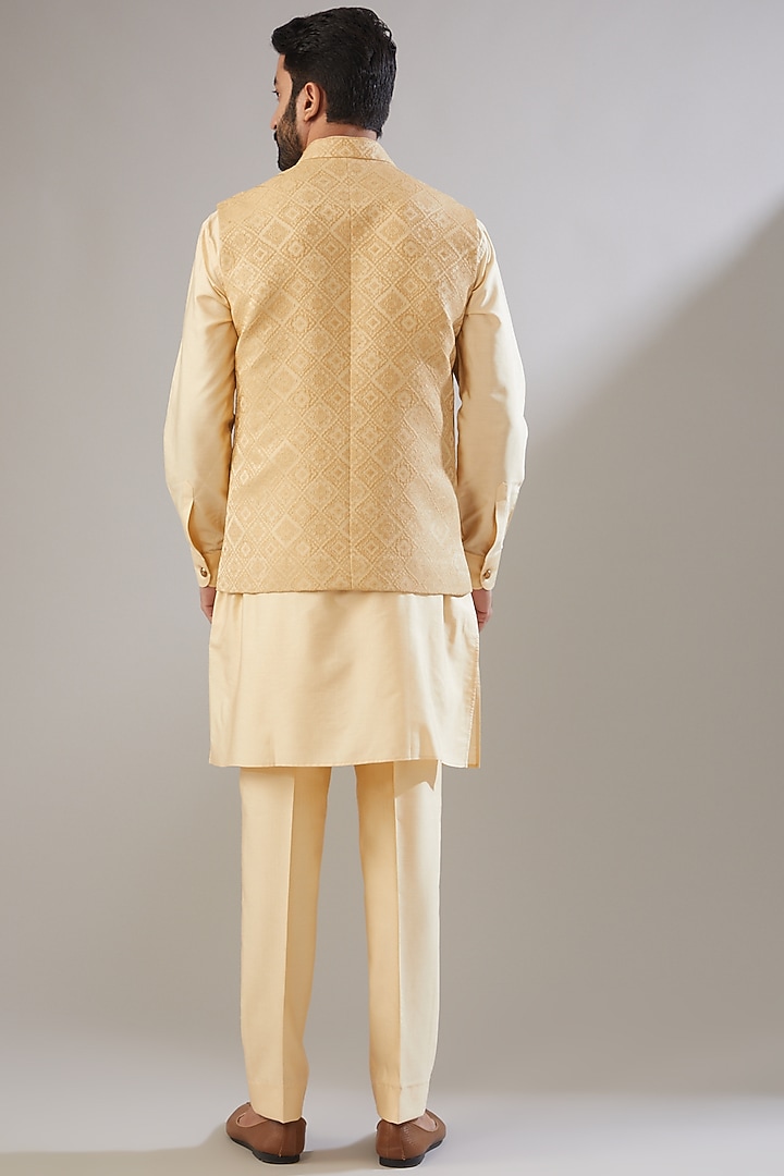 Gold Jacquard Poly Viscose Blend Nehru Jacket Set by VICUGNA at Pernia's Pop Up Shop