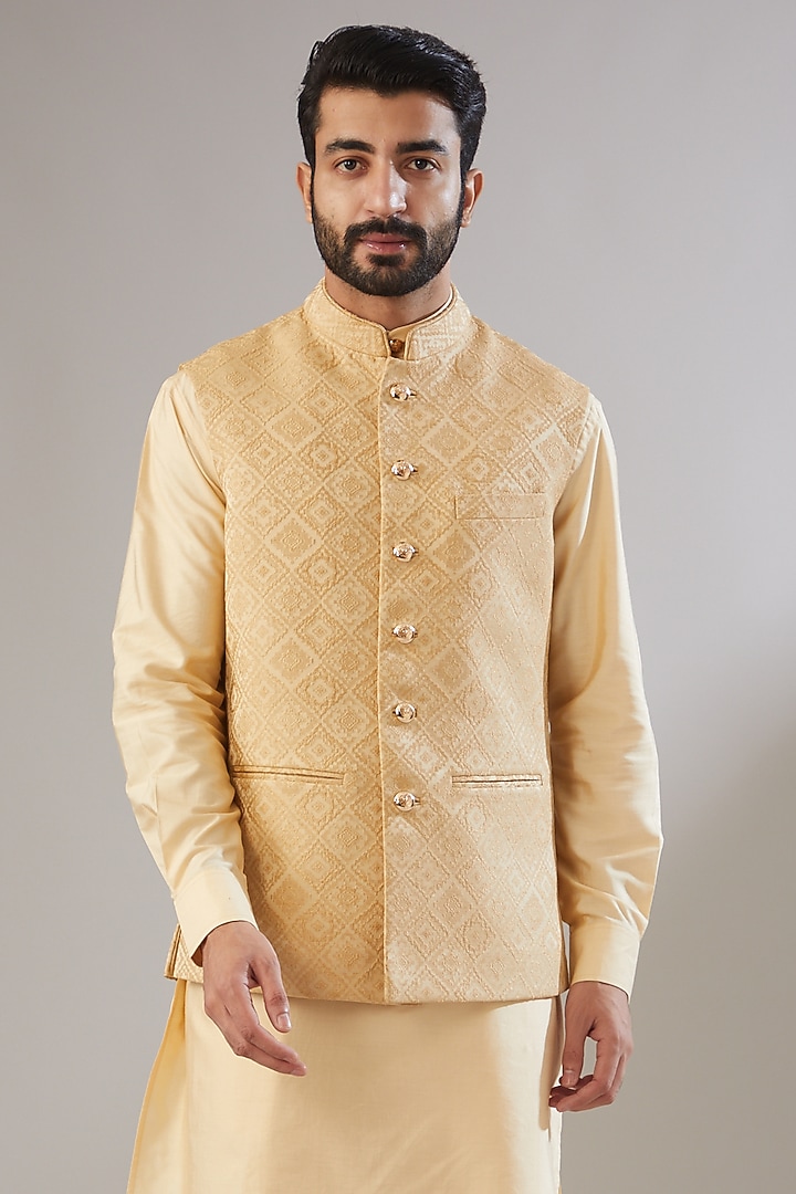 Gold Jacquard Poly Viscose Blend Nehru Jacket Set by VICUGNA at Pernia's Pop Up Shop