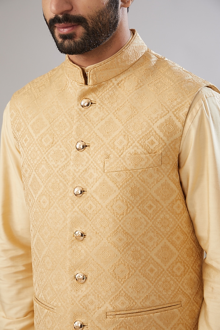 Gold Jacquard Poly Viscose Blend Nehru Jacket Set by VICUGNA at Pernia's Pop Up Shop