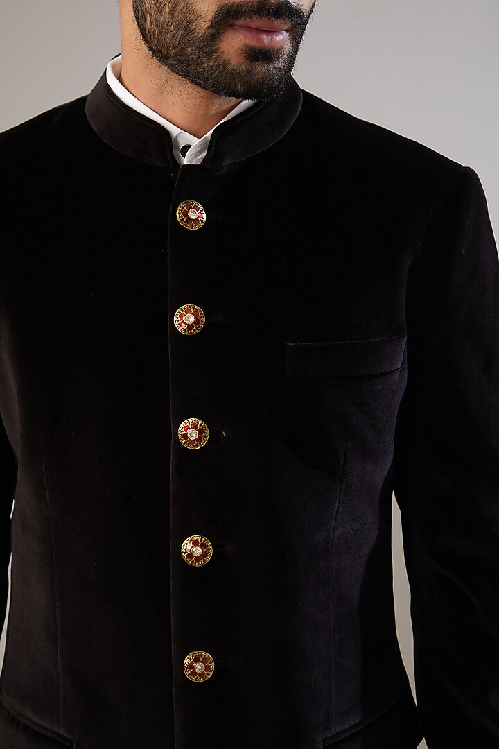 Black Cotton Velvet Wedding Bandhgala Set by VICUGNA at Pernia's Pop Up Shop