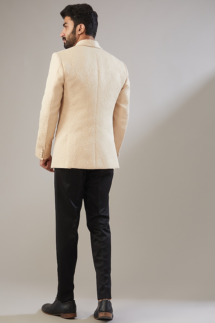 Beige Jacquard Tuxedo Set by VICUGNA at Pernia's Pop Up Shop
