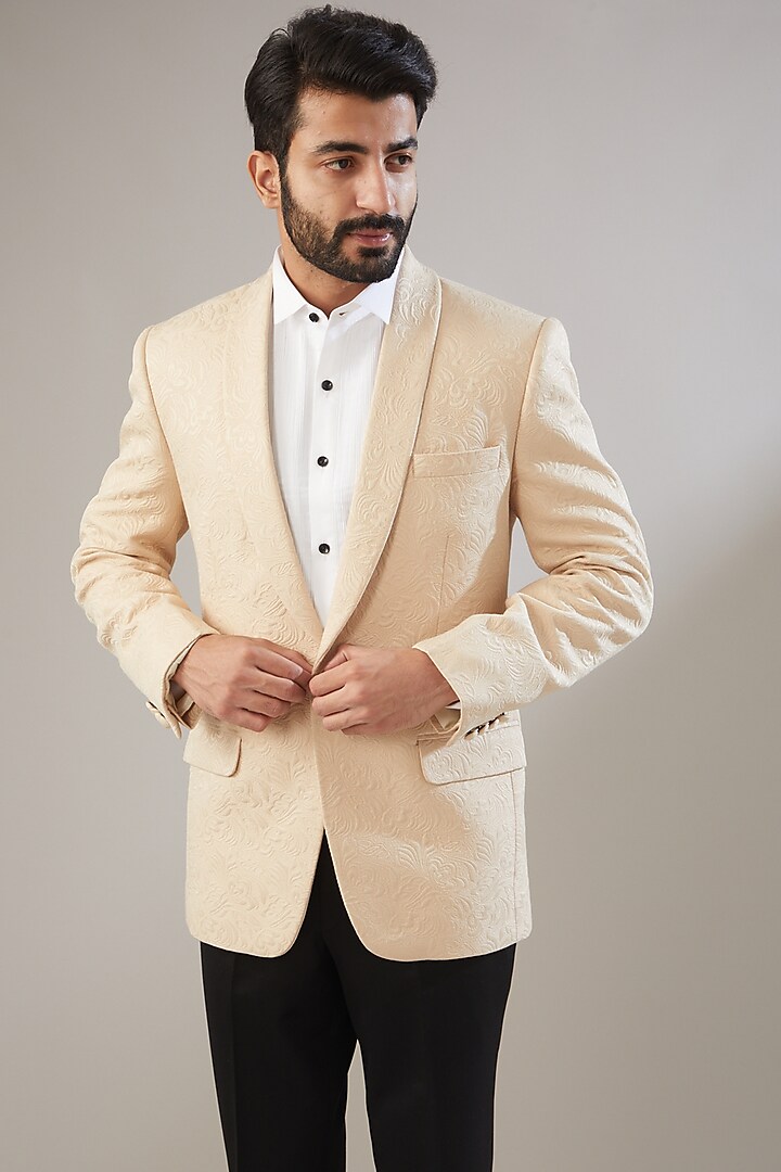 Beige Jacquard Tuxedo Set by VICUGNA at Pernia's Pop Up Shop