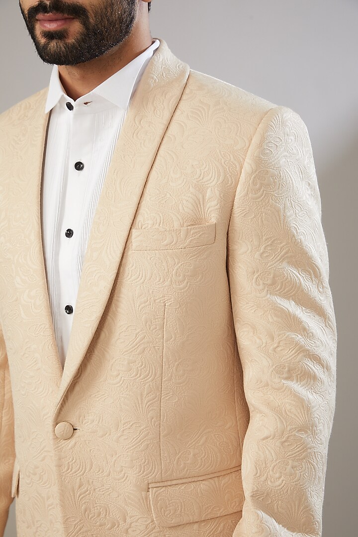 Beige Jacquard Tuxedo Set by VICUGNA at Pernia's Pop Up Shop