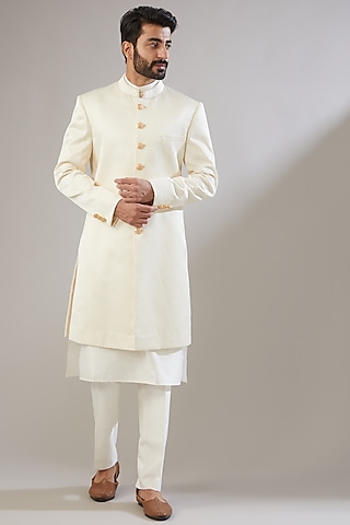 Off-White Jacquard Poly Viscose Sherwani Set by VICUGNA