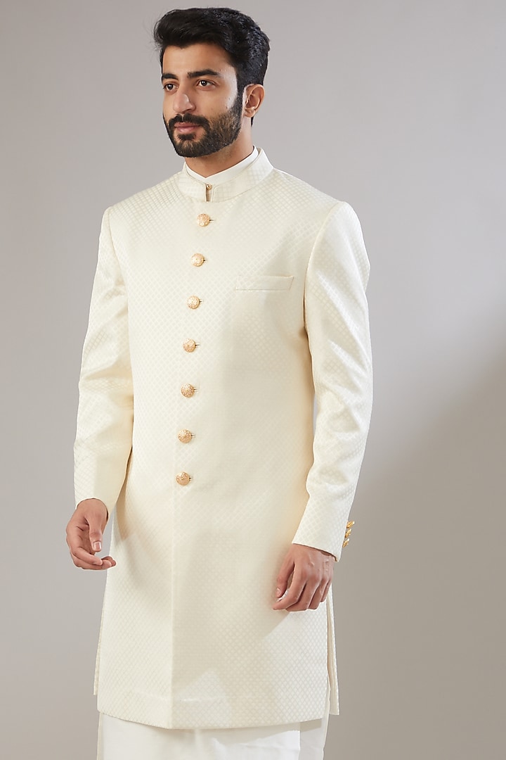 Off-White Jacquard Poly Viscose Wedding Sherwani Set by VICUGNA at Pernia's Pop Up Shop