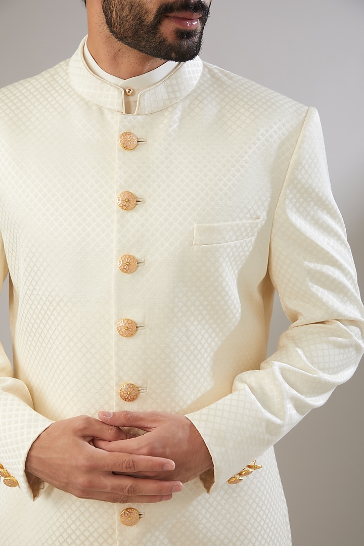 Off-White Jacquard Poly Viscose Wedding Sherwani Set by VICUGNA at Pernia's Pop Up Shop
