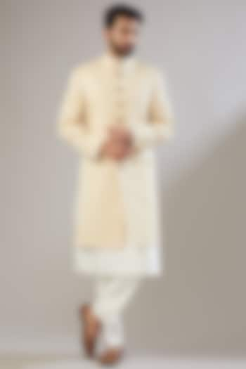 Light Beige Jacquard Poly Viscose Sherwani Set by VICUGNA