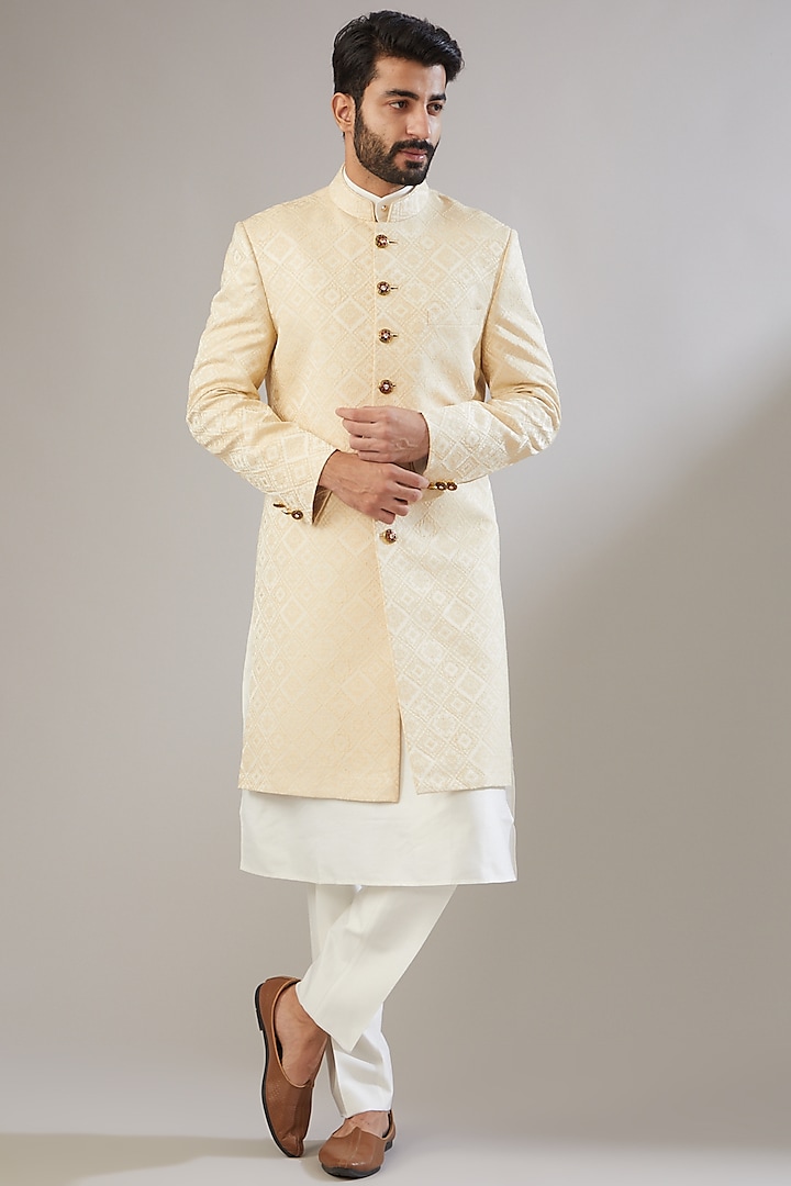 Light Beige Jacquard Poly Viscose Sherwani Set by VICUGNA