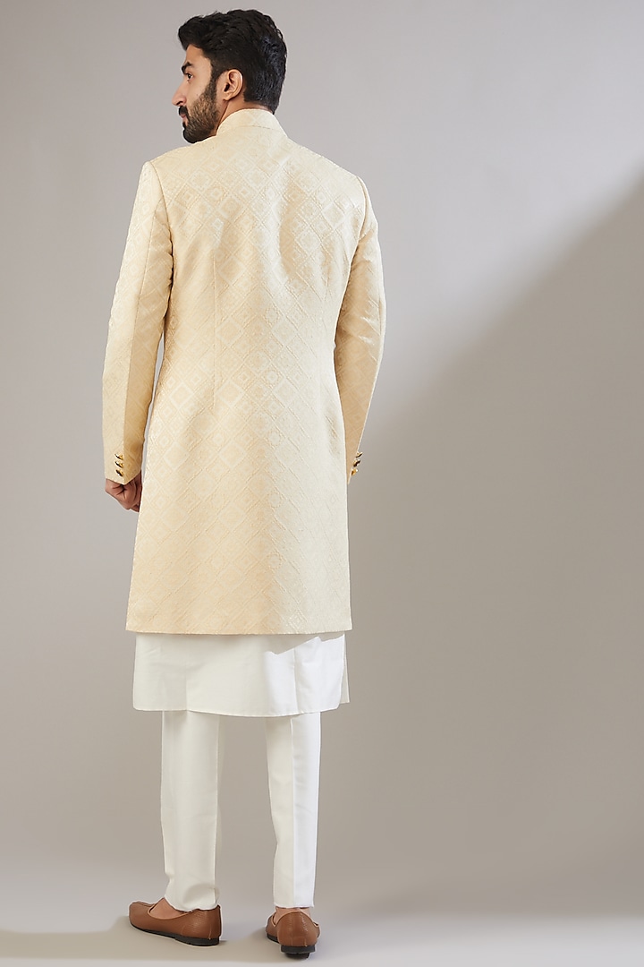 Light Beige Jacquard Poly Viscose Wedding Sherwani Set by VICUGNA at Pernia's Pop Up Shop