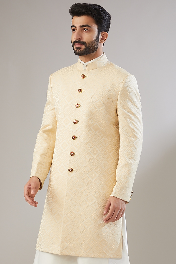 Light Beige Jacquard Poly Viscose Wedding Sherwani Set by VICUGNA at Pernia's Pop Up Shop