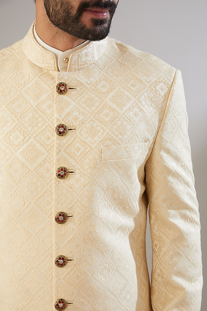 Light Beige Jacquard Poly Viscose Wedding Sherwani Set by VICUGNA at Pernia's Pop Up Shop