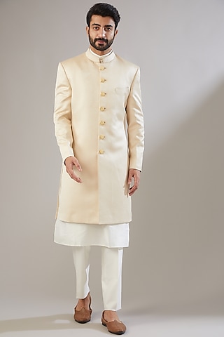 Light Beige Jacquard Poly Viscose Sherwani Set by VICUGNA