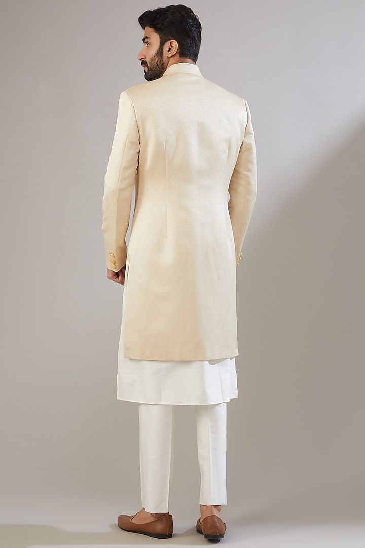 Light Beige Jacquard Poly Viscose Wedding Sherwani Set by VICUGNA at Pernia's Pop Up Shop