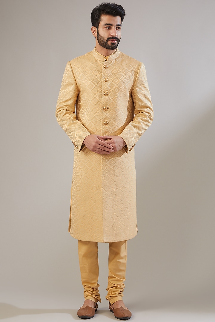 Gold Jacquard Sherwani Set by VICUGNA