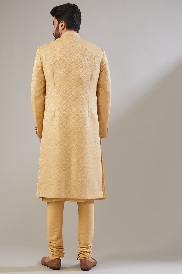 Gold Jacquard Poly Viscose Wedding Sherwani Set by VICUGNA at Pernia's Pop Up Shop