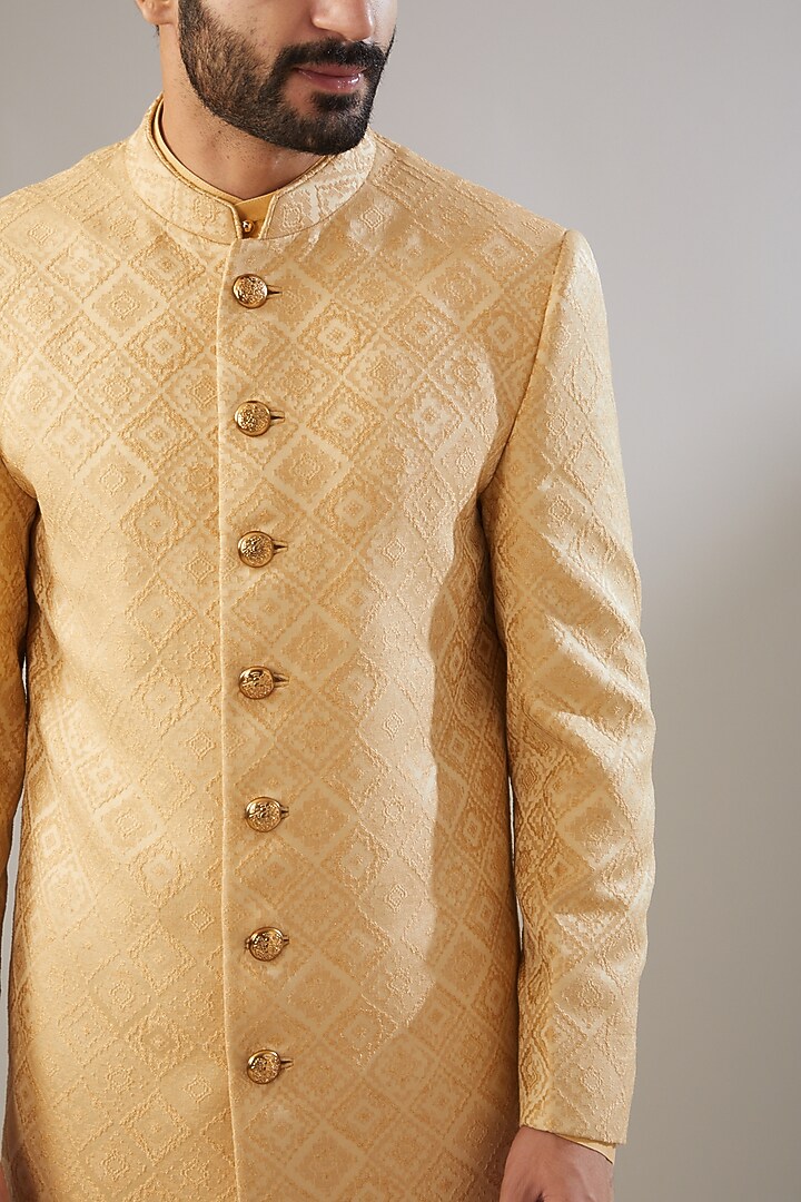 Gold Jacquard Poly Viscose Wedding Sherwani Set by VICUGNA at Pernia's Pop Up Shop