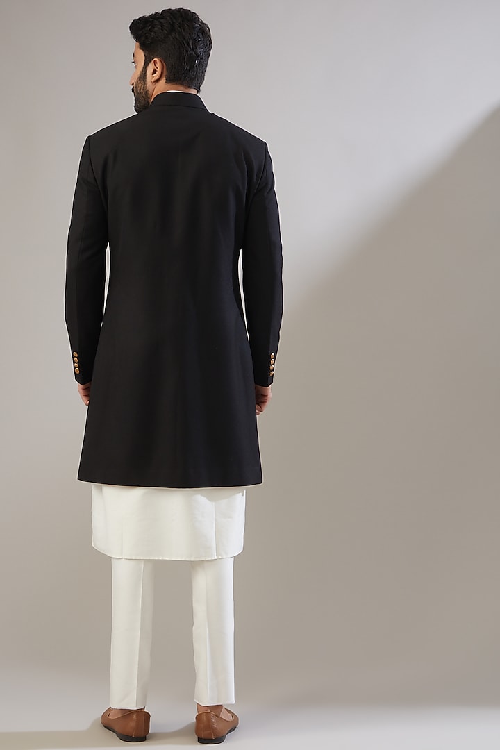 Black Jacquard Poly Viscose Wedding Sherwani Set by VICUGNA at Pernia's Pop Up Shop