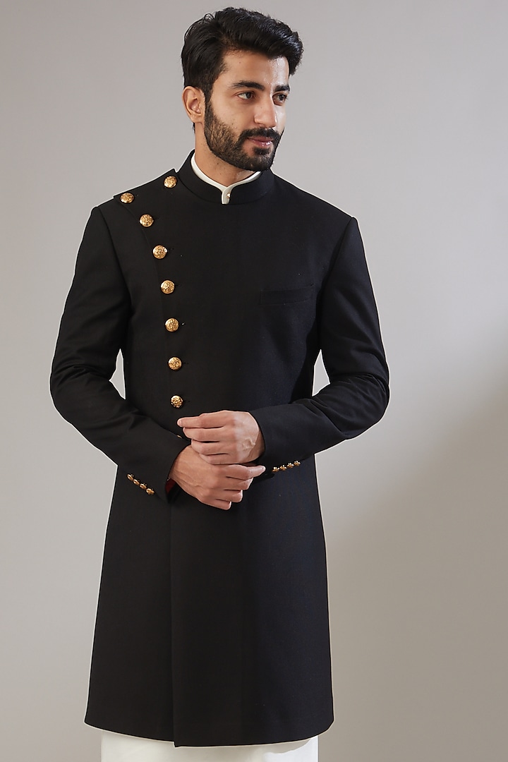 Black Jacquard Poly Viscose Wedding Sherwani Set by VICUGNA at Pernia's Pop Up Shop