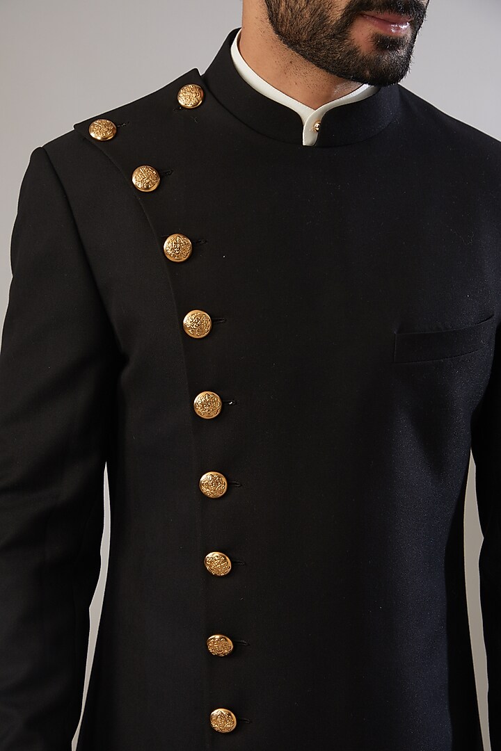 Black Jacquard Poly Viscose Wedding Sherwani Set by VICUGNA at Pernia's Pop Up Shop