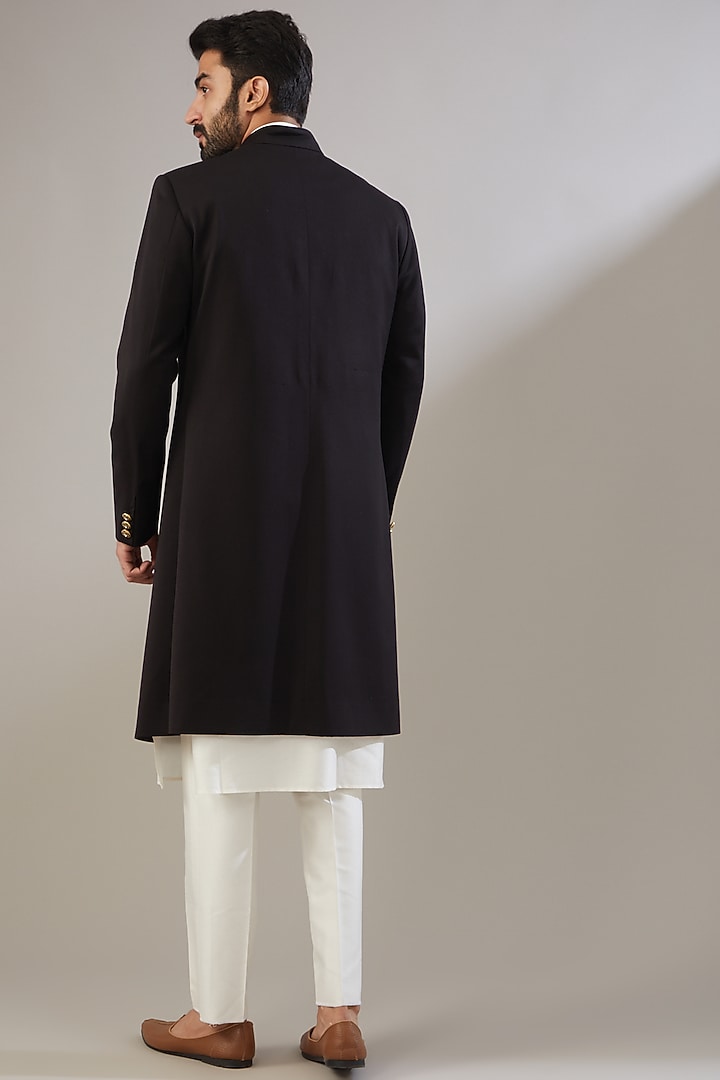 Black Jacquard Poly Viscose Wedding Sherwani Set by VICUGNA at Pernia's Pop Up Shop
