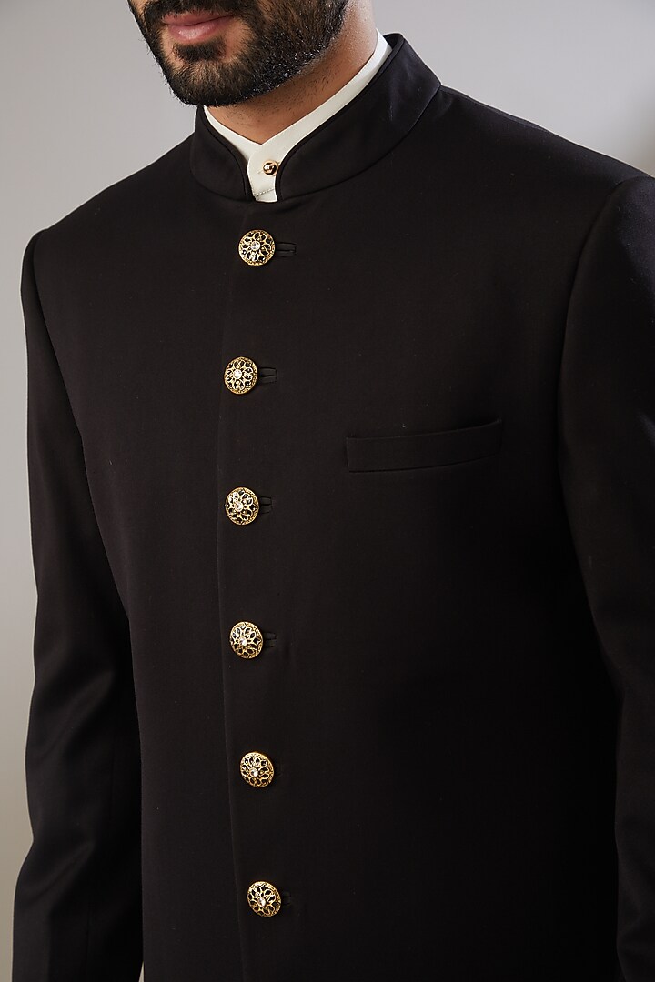 Black Jacquard Poly Viscose Wedding Sherwani Set by VICUGNA at Pernia's Pop Up Shop