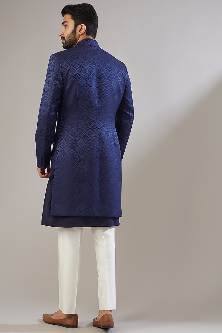 Blue Jacquard Poly Viscose Wedding Sherwani Set by VICUGNA at Pernia's Pop Up Shop