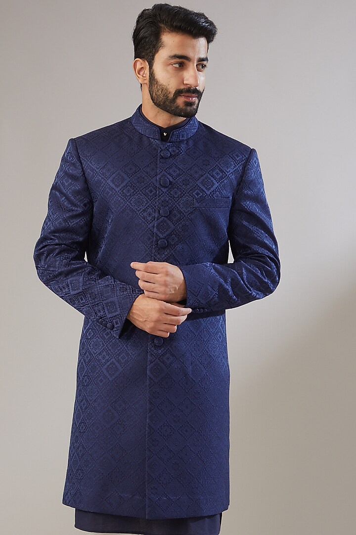 Blue Jacquard Poly Viscose Wedding Sherwani Set by VICUGNA at Pernia's Pop Up Shop