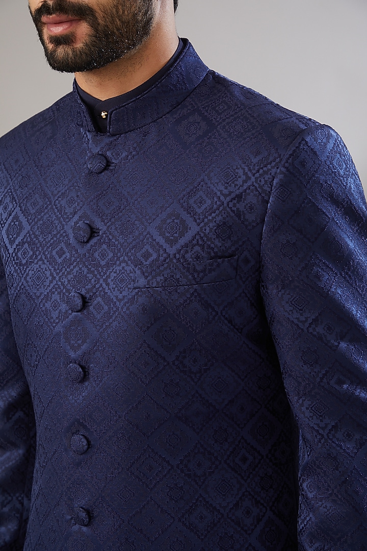 Blue Jacquard Poly Viscose Wedding Sherwani Set by VICUGNA at Pernia's Pop Up Shop