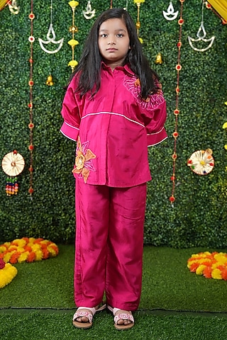 Rani Pink Dola Silk Hand Embroidered Co-Ord Set For Girls by Vibrant Hues