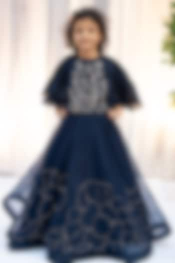 Navy Blue Organza Hand Embroidered Lehenga Set For Girls by Vibrant Hues at Pernia's Pop Up Shop