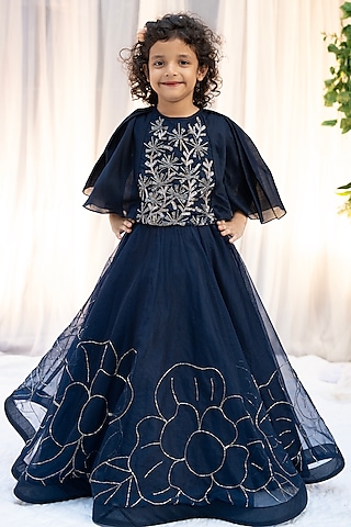 Navy Blue Organza Hand Embroidered Lehenga Set For Girls by Vibrant Hues