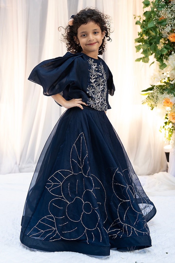 Navy Blue Organza Hand Embroidered Lehenga Set For Girls by Vibrant Hues at Pernia's Pop Up Shop