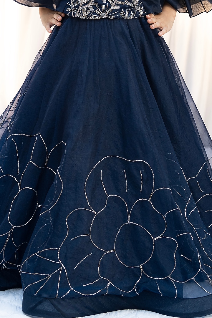 Navy Blue Organza Hand Embroidered Lehenga Set For Girls by Vibrant Hues at Pernia's Pop Up Shop
