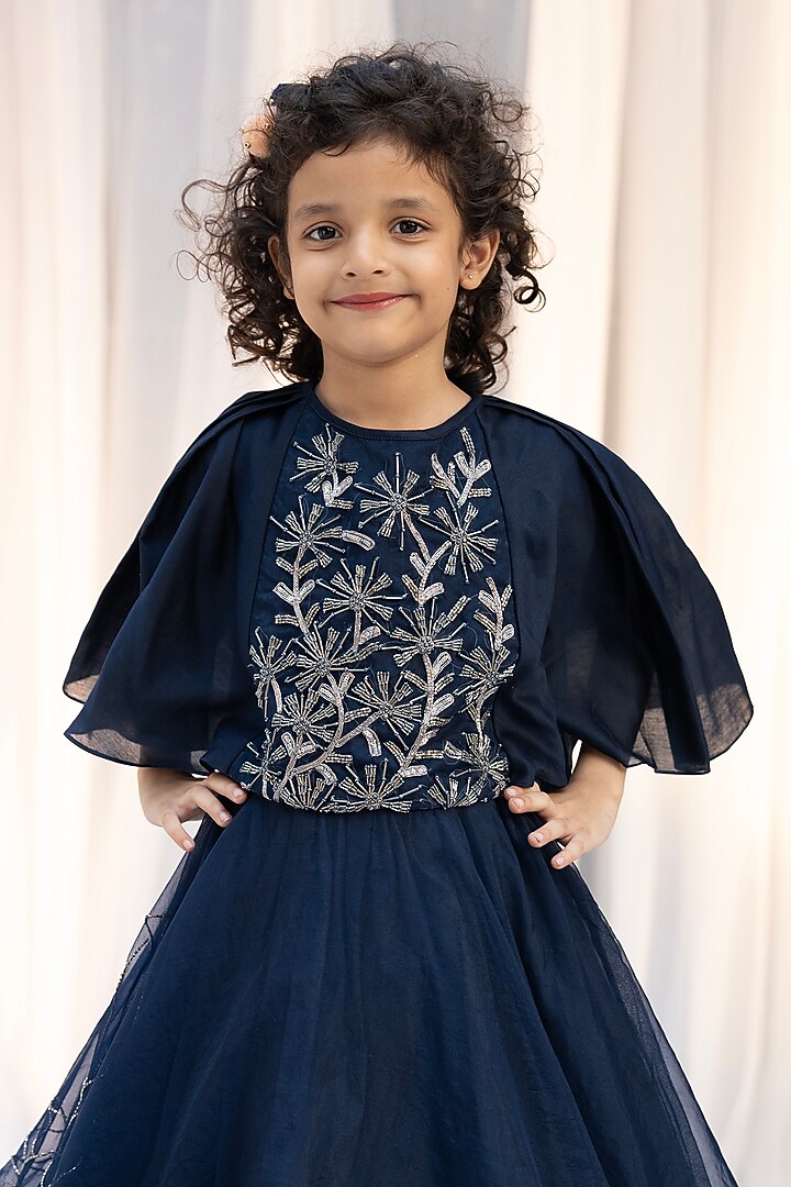 Navy Blue Organza Hand Embroidered Lehenga Set For Girls by Vibrant Hues at Pernia's Pop Up Shop